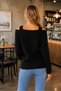 Women's V-Neck Long Sleeve Off-Shoulder Knitted Textured Soft Stylish Casual Black Knitwear Sweater - 3