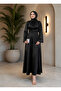 Spanish Style Satin Evening Dress with Sleeves and Belt Black - 3