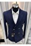 Men's Navy Blue Slim Fit Gold Button Double Breasted Blazer Single Jacket - 2