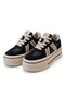 Women's Black Suede Leather Platform Sneaker – Cream Double Stripe, Thick Sole - 7