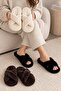 Women's Black - Cream - Bitter Brown Cross-Strapped Furry 3-Piece House Slipper Set Byndcap01 - 3