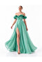 Green Floral Detailed Off-Shoulder Slit Long Evening Dress - 5