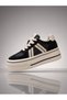 Women's Black Suede Leather Platform Sneaker – Cream Double Stripe, Thick Sole - 5