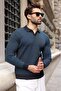 Navy Blue Polo Collar Textured Men's Knit Sweater E7511