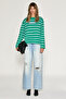 Basil striped women's striped fabric printed long sleeve white-green striped t-shirt - 5