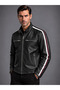 Men's Genuine Leather Jacket with Stripe Detail - 2