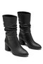 Women's Black Leather Gathered Thick Heeled Ankle Boots with Bellows Detail, Stylish Boots