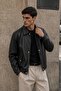 Tuc 1022 Men's Black Shirt Collar Leather Jacket with Snap Fasteners - Bomber Leather Coat with Elastic Waist and Sleeves - 2