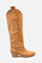 Women's Tan Suede Embroidered Short Heel Cowboy Boots A030-K925 - 2