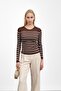 Brown Ribbed Simit Collar Striped Knitwear Body Sweater - 2