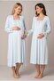 Women's Blue Lace Long Sleeve Maternity Nightgown Set with Easy Nursing Features and Robe