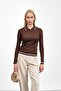 Brown Ribbed Polo Neck Striped Knitwear Body Sweater - 2