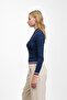 Navy Blue Ribbed Polo Collar Striped Knitwear Body Sweater - 2