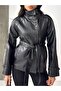 Belted High Collar Leather Jacket Black - 4