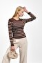 Brown Ribbed Simit Collar Striped Knitwear Body Sweater