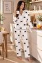 Women's Ribbon Patterned Soft-Textured Brushed Inside Winter Cotton Long Sleeve Comfortable Fit Pajama Set - 3