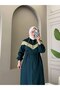 Women's 2-Piece Set Hooded Long Coat Trousers Double Crepe Comfortable Cut Daily Hijab Set N-05539 _ Green - 2