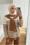 Women's Hijab Striped Knitwear Set with Shoulder Shawl Detail, Tunic and Pants Two-Piece Set - 3