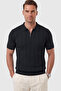 Men's Zippered Polo Collar Striped Textured Black Knitwear T-Shirt Regular Fit Soft Textured 2608007 - 3