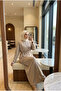 Women's Hijab Stone Embellished Waist and Sleeves Adjustable Lace-Up Long Dress - 3