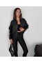 Women's Black Ribbed Short Faux Leather Bomber Jacket with Zipper and Sleeves with Stripes - 8