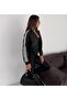 Women's Black Ribbed Short Faux Leather Bomber Jacket with Zipper and Sleeves with Stripes - 7