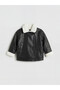 Lcw Kids Black Plush Collared Faux Leather Look Girl's Coat with Nevavm Difference - 2