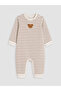 Beige Crew Neck Striped Baby Boy Jumpsuit