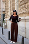 Coffee-Colored Striped Pants with Elastic Waistband - 4