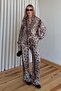 Coffee Leopard Pattern Shirt Pants Satin Set - 906365