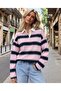 Women's Striped Long Sleeve T-Shirt Pink Navy Blue Polo Collar Buttoned Oversize Rugby Model