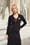 Women's Velvet Denim Collared Pocket Covered Long Sleeve Mono Jacket-Black - 2