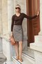 High Waist Lightweight Lycra Fabric Knee Length Bell Skirt-Light Brown Houndstooth - 2
