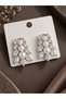 Brass Silver Color Zircon Stone Leaf Model Pearl Detail Women's Earrings