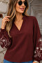 Women's V-Neck Long Sleeve Balloon Sleeve Floral Embroidered Cuffed Woven Blouse Timeless Elegance - 8
