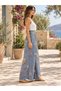 Blue Color Floral Patterned Belt Detailed Wide Leg Linen Trousers - 3