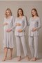 Women's Gray Lace Long Sleeve Maternity Nightgown Pajama Set with Easy Breastfeeding Feature - 2