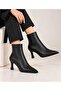Women's Black Pointed Toe Thin Heel Boots with Front Stitching Detail
