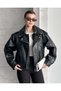 Women's Oversized Epaulet Double-Breasted Zippered Biker Leather Jacket - 3