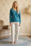 Green Patterned V-Neck Buttoned Ruched Viscose Knitted Pajamas Suit 26224611 - 2