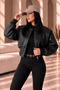 Women's Oversize Zippered Short Elastic Waist Casual Leather Bomber Jacket - 2