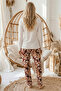 Ecru Patterned V-Neck Embroidered Viscose Knitted Pajama Set 26224657 - 3
