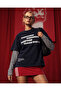 Women's Layered Look T-Shirt through Disorder Printed Navy Blue – Striped Sleeve Detail