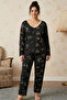 Black Patterned Large Size Oversized Viscose Knitted Pajama Set 26224810 - 2