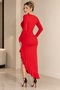 Women's Long Sleeve Side Gathered Slit Detailed Slit Lycra Long Asymmetrical Skirt Dress - 5