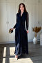 Double-Breasted Collar Patterned Glittery Maxi Tulle Dress - 7