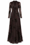 Double-Breasted Collar Patterned Glittery Maxi Tulle Brown Dress - 2