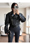 Black Padded Belted Oversize Cropped Leather Jacket - 3
