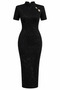 Shoulder Detailed High Neck Padded Glittery Midi Black Dress - 3