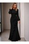 Women's long sleeve crew neck ruffle trim long janjan crepe dress - 2